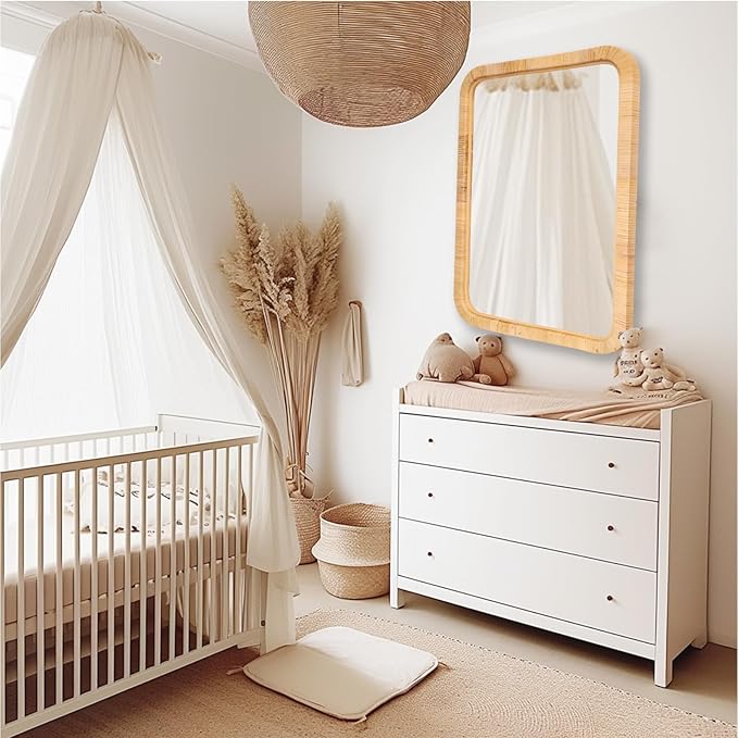 Rattan Mirror,Rectangle Boho Bathroom Mirror for Wall,22x30 Wicker Vanity Mirror for Nursery Décor,Coastal Farmhouse Wood Mirror for Bedroom Entryway Living Room