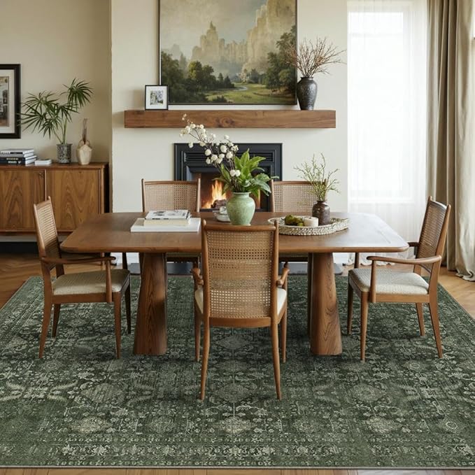 5x7 Area Rugs for Living Room Bedroom, Washable Rug, Green Vintage Floral Boho Rug, Non Slip & Low Pile Faux Wool Thin Carpet for Indoor Dining Room and Kids Room(Green 5x7ft)