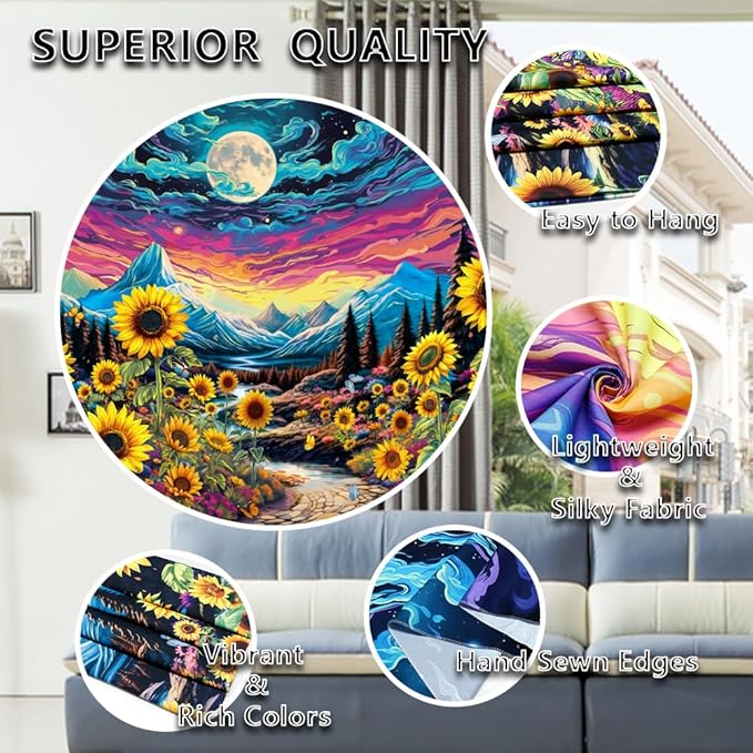 Dermijer Blacklight Moon Sunflower Tapestry Starry Night Mountian UV Reactive Wall Hanging Tapestries Galaxy Space Nature Landscape Tapestry for Home Decor 59.1L x 51.2W
