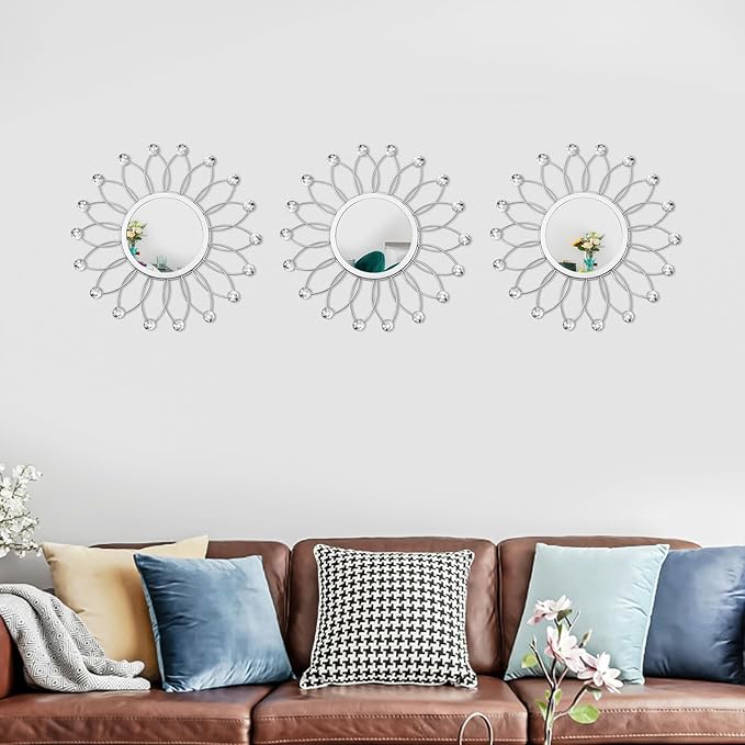 3 Pack Metal Mirrors for Wall Sunburst Wall Mirrors Home Décor Decorative Hanging Wall Art for Living Room Bedroom Entryway (Silver Crystal, Flowers)