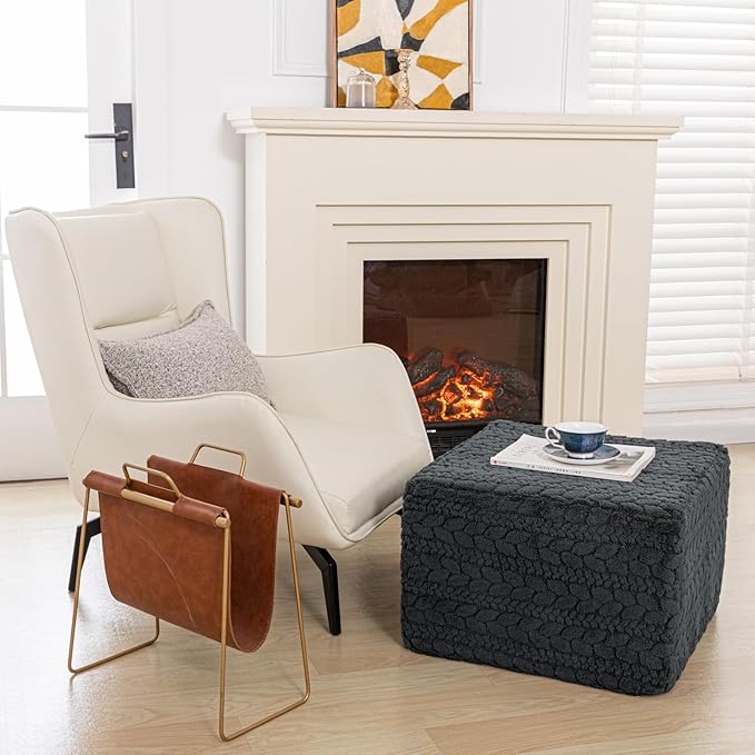 20x20x14 Inches Fluffy Square Pouf Ottoman - Plush Furry Boneless Ottoman Foot Rest Stool with High-Density Foam, Versatile Floor Seating for Living Room (Gray)