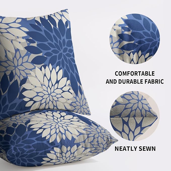 Blue Cream Grey Gray Pillow Covers 18X18 Inch Set of 2, Modern Dahlia Floral Print Decorative Throw Pillow Covers Outdoor Farmhouse Cushion Case for Home Couch Sofa Bed Decoration