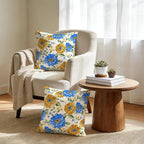 Mustard Yellow Floral Spring Summer Throw Pillows Covers 18x18 Inch Set of 2, Blue Flowers Pillowcases, Boho Square Cushion Covers for Couch Sofa Bedroom Living Room Farmhouse, Boho Spring Home Decor