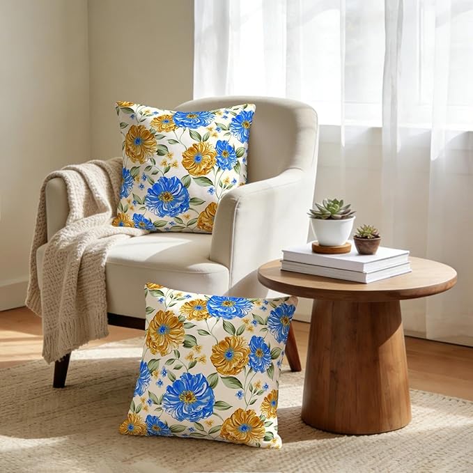 Mustard Yellow Floral Spring Summer Throw Pillows Covers 18x18 Inch Set of 2, Blue Flowers Pillowcases, Boho Square Cushion Covers for Couch Sofa Bedroom Living Room Farmhouse, Boho Spring Home Decor