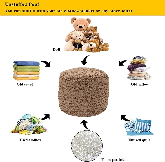 Unstuffed Ottoman Pouf Cover – Round Faux Fur Footstool Plush Floor Pouf (No Filler Included) Perfect for Living Room, Bedroom, or Office Lounge (Coffee, 20x20x15 in)