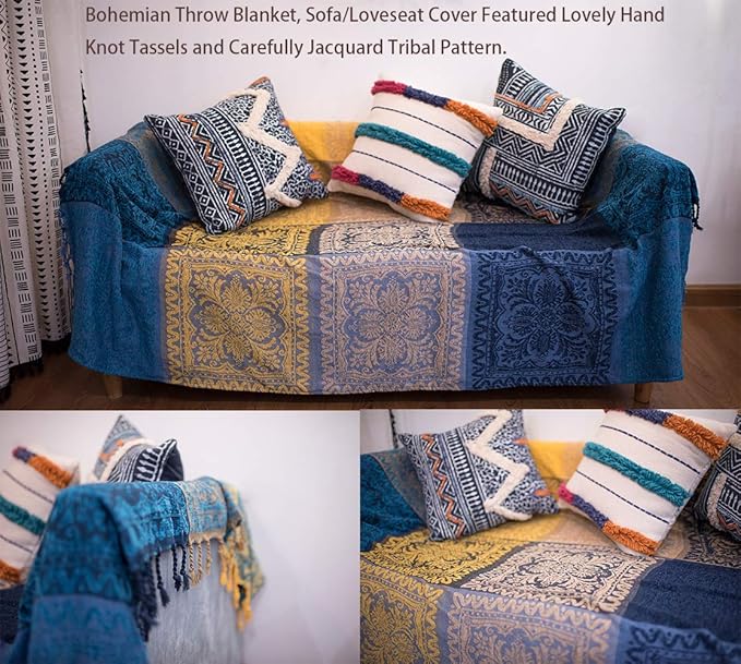 AIVIA Bohemian Throws Blanket, Chenille Woven Colorful Recliner Chair Couch Throw Futon Furniture Cover Sofa Slipcover Bed Blanket w/Boho Fringe - 87" x 103" Large Oversized, Teal Yellow
