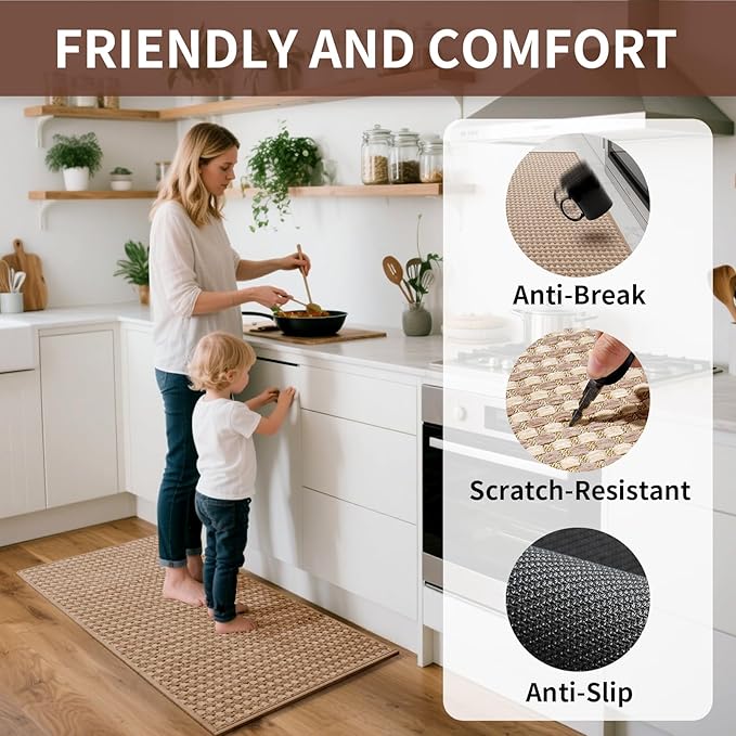 Kitchen Rugs Mat Non Slip Washable, Super Absorbent Kitchen Mats for Floor, Rubber Backing Soft Braided Standing Floor Mats Sink Mat Runner Rug, Easy to Clean and Maintain, Brown 17"x30"