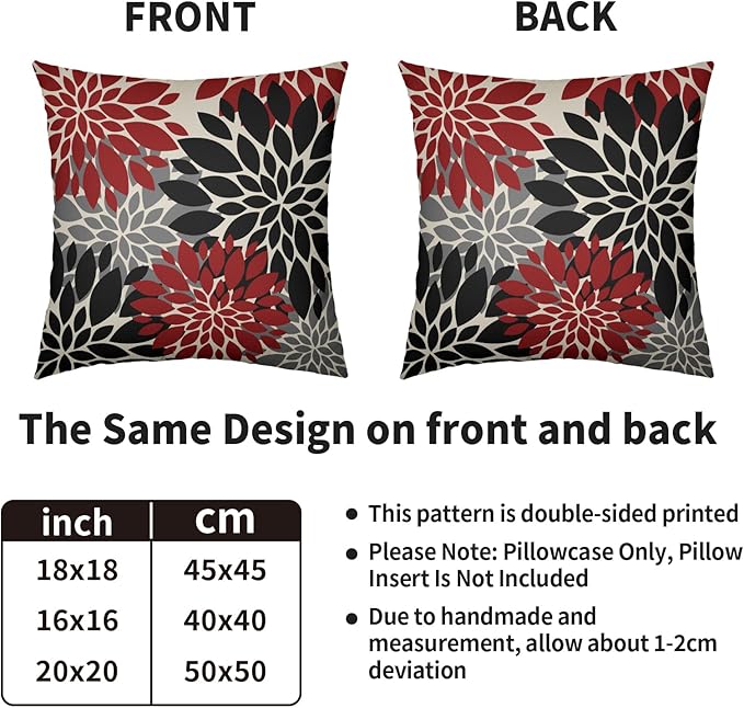Black Red Pillow Covers 22X22 Inch Set of 2, Spring Summer Floral Dahlia Flower Cream Decorative Throw Pillow Covers Outdoor Modern Farmhouse Cushion Case for Home Couch Sofa Bed Decor