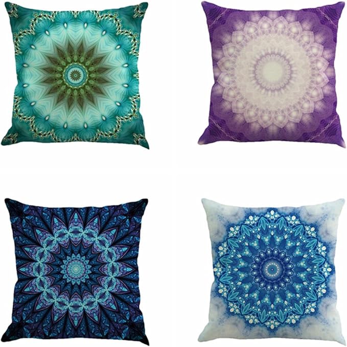 Jartinle Set of 4 Retro Floral Mandala Compass Medallion Bohemian Pillow Covers Boho Decor Hippie Throw Pillows Colorful Decorative for Sofa Couch 18 x 18