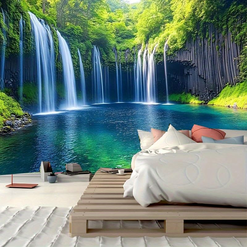 FENDROM Nature Waterfall Tapestry, Majestic Waterfall Landscape Through a Window Imaginary Secret Paradise Print, Wide Wall Hanging for Bedroom Living Room Dorm - color: Lake, size: 90"L x 71"W