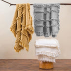 Ultra Soft Pre-Washed Quilted Boho Grey Twin Size Blankets for Bed, Ruffle Fringed Decorative Throw, Stone Washed Chic Rustic Blanket for Sofa Couch Bed, 60"*80"