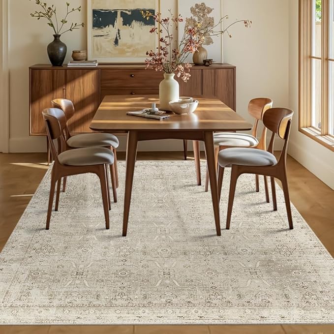 5x7 Area Rugs for Living Room Bedroom, Beige Washable Neutral Rug, Vintage Floral Retro Boho Non Slip & Low Pile Carpet for Dining Room, Classroom, Dorm, Nursery and Kids Room-Beige/Cream