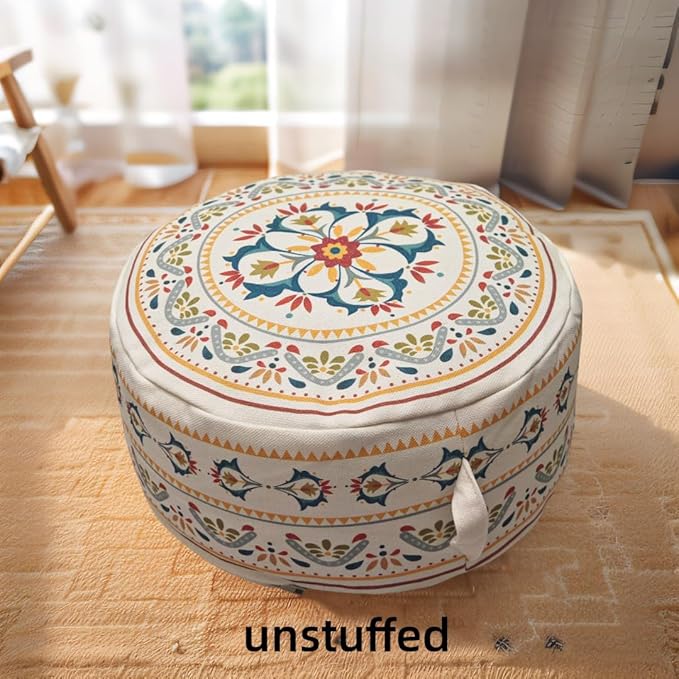 MOCOFO Round Bohemian Ottoman Pouf Cover, 18 Inch, Cotton Blend, Church Window Print, Living Room Storage Footrest, Cover Only (Little Wild)