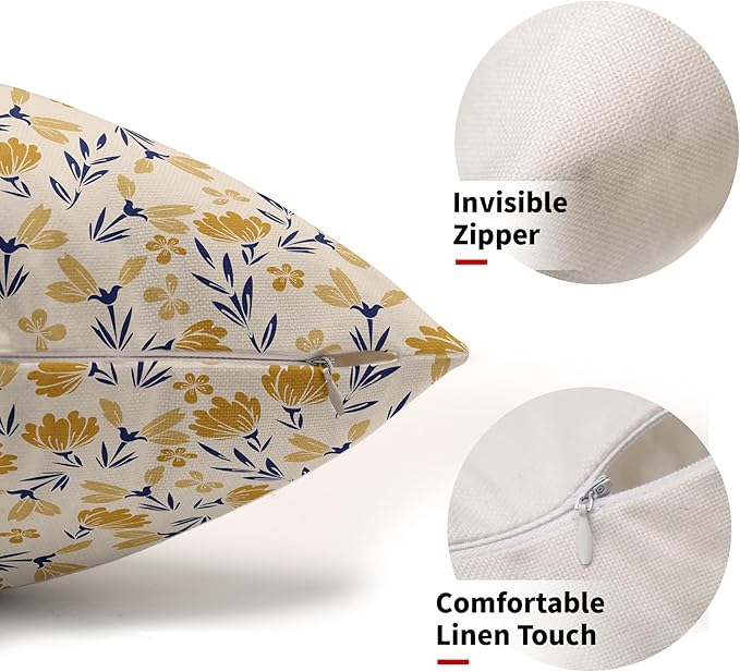 Navy Blue Yellow Floral Pillow Covers 12x20 Set of 2 Vintage Rustic Old Style Cute Small Flower Print Rectangle Decorative Outdoor Pillowcases Farmhouse Throw Cushion Case Decor for Couch Sofa Bed