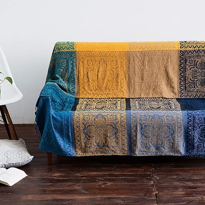 AIVIA Bohemian Throws Blanket, Chenille Woven Colorful Recliner Chair Couch Throw Futon Furniture Cover Sofa Slipcover Bed Blanket w/Boho Fringe - 87" x 103" Large Oversized, Teal Yellow