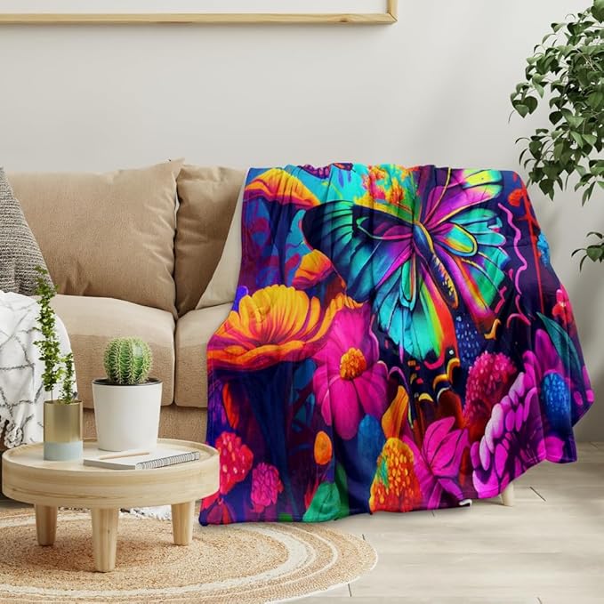Pink Butterfly Fleece Throw Blanket, Rainbow Flying Butterfly Plush Blanket for Bed and Couch, Warm Fuzzy Cozy Throws for Kids and Adults 70"x80"