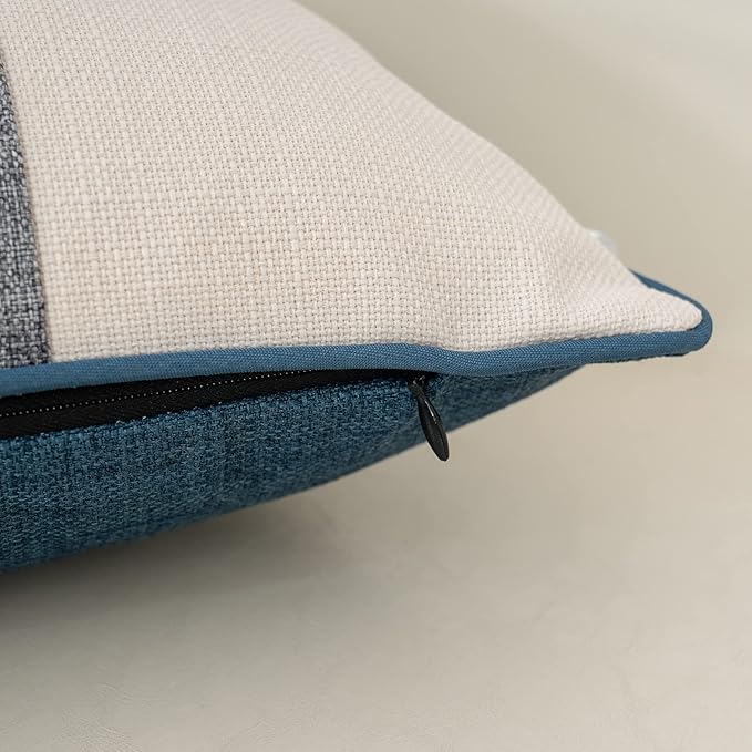 Yangest Patchwork Pillow Cover 12x20 Inch Luxury Cotton and Linen Cushion Cover Rectangle Pillowcover for Couch Bedroom Living Room, Blue