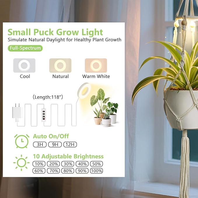 Grow Lights for Indoor Plants: Replacement Grow Light for Macrame Plant Hanger Full Spectrum Plant Light, with 3/9/12H Auto Timer Switch, 3 Colors,10 Dimming（Daylight Spectrum）