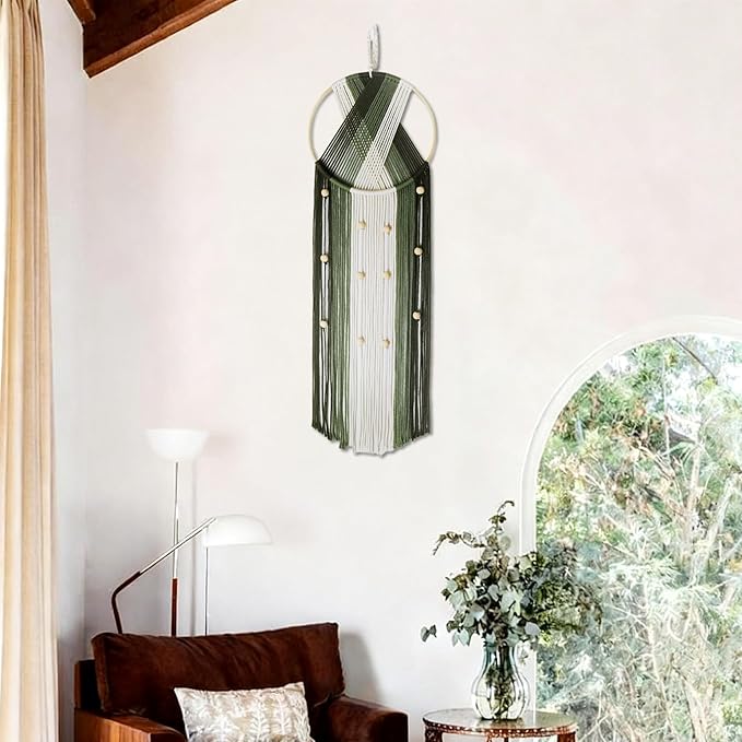 LB Boho Macrame Wall Hanging - Green and Beige Handmade Cotton Woven Decor, Modern Geometric Bohemian Tapestry Wall Decor for Bedroom Living Room Home (31.5"x9.84") Nature-Inspired Room Decor