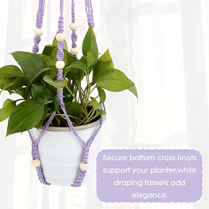 2 Pack Purple Macrame Plant Hangers, 35-Inch Cotton Rope Hanging Planters with Wooden Beads, Handmade Woven Plant Holders for Boho Modern Home Decor, Indoor & Outdoor Use