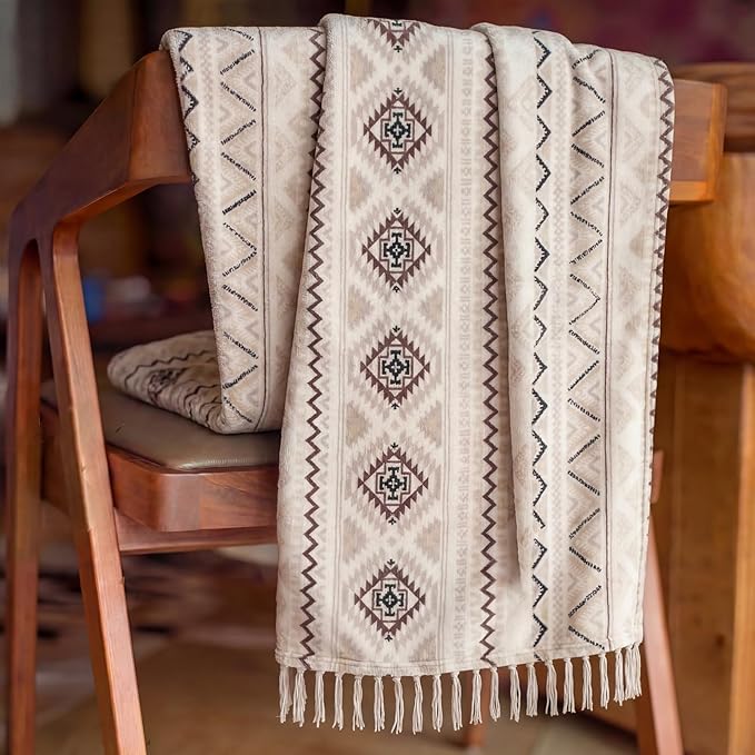 CASAAGUSTO Boho Throw Blanket - Beige and Gray Decorative Blankets with Tassel, Printed Flannel Bohemian Blanket for Chair, Bed, Sofa, Couch(50 * 60, Beige and Gray)