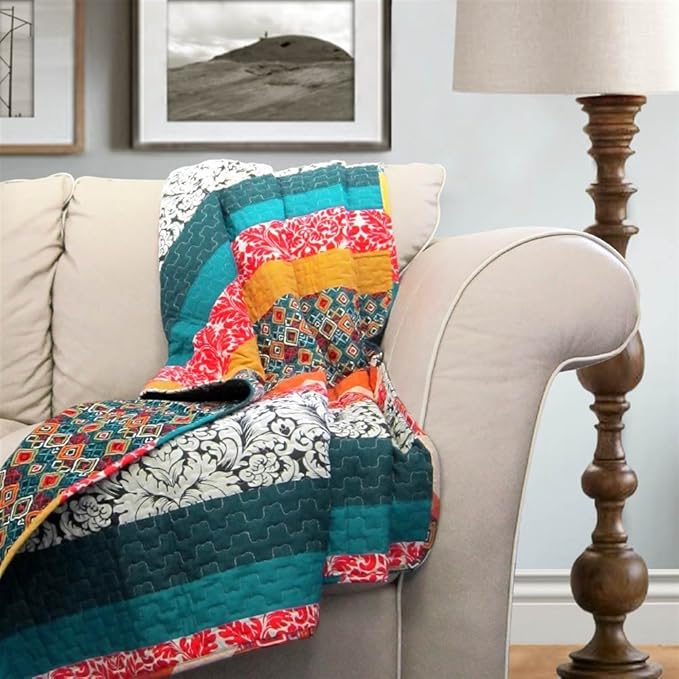 Lush Decor Boho Stripe Reversible Cotton Throw Blanket, 50" W x 60" L, Turquoise & Tangerine - Striped Throw Blankets for Bed - Couch Blanket - Boho Throw Blanket for Couch