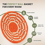 Wicker Village | Handmade Woven Wall Basket Décor | Boho Wall Art | Hanging Accent Rustic Natural Sabai Grass | Orange and Beige | 8" L x 8" W x 2" H