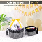 Small Gift Basket Empty to Fill – SweetMemo Mini Cute Woven Rope Organizer Baskets for Gifting, Baby Shower, Desk, Bathroom, Toys – Decorative Soft Bin with Gift Bag & Ribbon – Black Gray