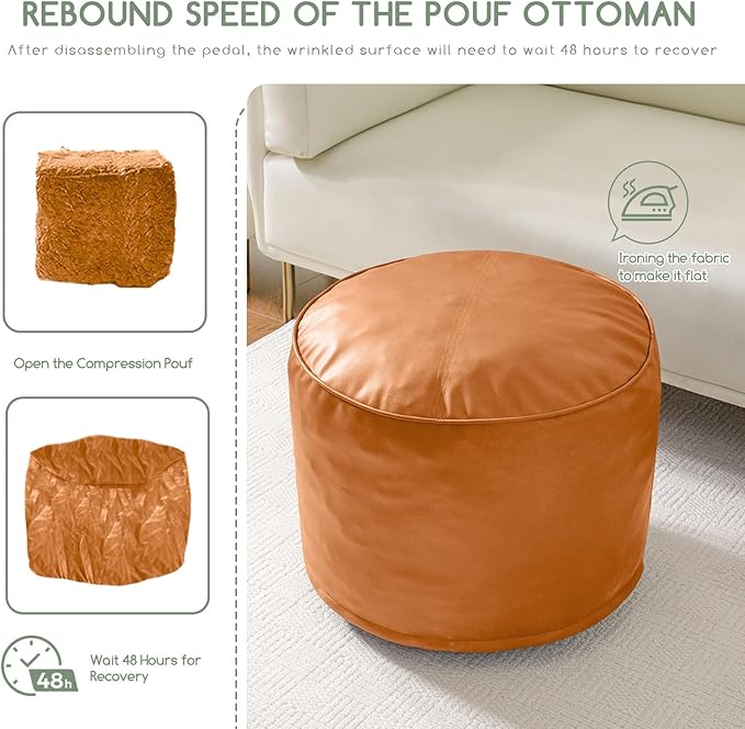HIGOGOGO Round Stuffed Pouf Ottoman, Pu Leather Poufs with Foam Chunk Filling, Furry and Fluffy Pouf Foot Stool Storage Ottoman, 20 X 15 Floor Poufs Foot Rest for Living Room, Orange