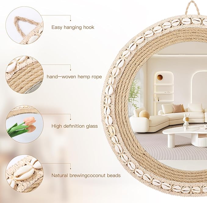 Round Mirrors for Wall, Hand-Woven Shell Lace Decorative Mirror, Boho Mirrors for Over Sink, Wall Decor for Bathroom, Entryway, Bedroom, Vanity (Natural)