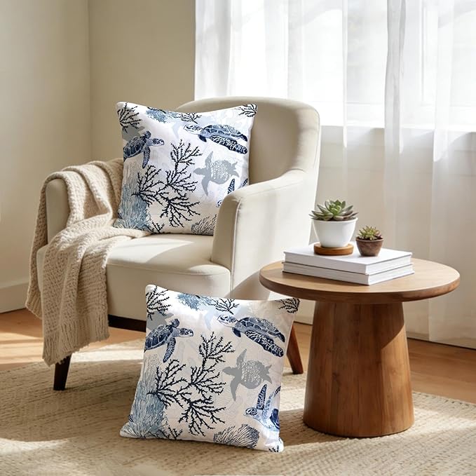 Cute Nautical Blue Pillow Covers Set of 2, Coastal Beach Themed Coral Sea Turtle Navy Decorative Throw Pillows Cases Cushion Cover for Couch Sofa Bedroom Living Room Car, Home Decor, 18x18 Inch, Blue