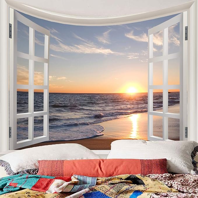 Homiest 3D Ocean Tapestry Wall Hanging Sun Sunset Sea Beach Landscape Tapestry Window Tapestries for Bedroom Living Room Home Decor 51x59 Inches