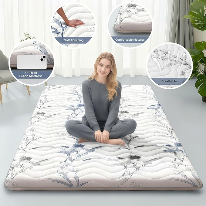 Japanese Floor Mattress, 3.5" Thicken Ink Wash Floral Pattern Portable Futon Mattress, 100% High-Density Foam Tatami Mat Sleeping Pad for Camping Guest Room Dormitory RV, White, Full