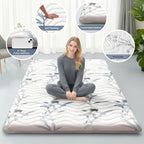 Japanese Floor Mattress, 3.5" Thicken Ink Wash Floral Pattern Portable Futon Mattress, 100% High-Density Foam Tatami Mat Sleeping Pad for Camping Guest Room Dormitory RV, White, Queen
