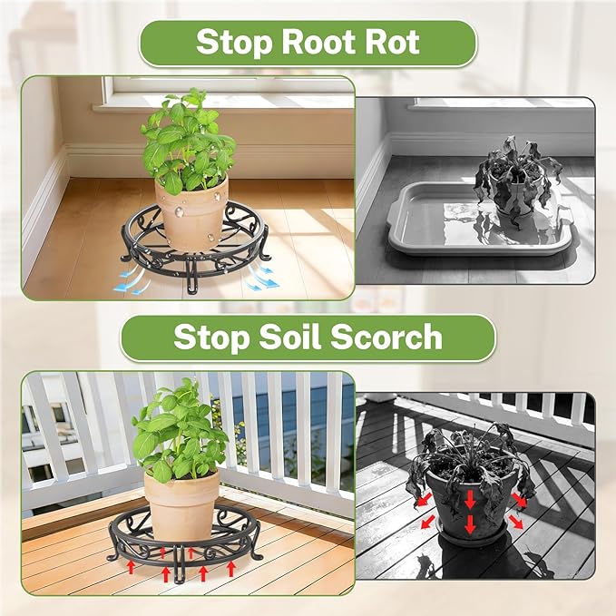 iDavosic.ly 2-Pack Metal Plant Stands for Outdoor Indoor, 11-Inch Wide Rust-proof Iron Heavy Duty Flower Pot Holder for Patio Garden Porch Living Room, Modern Black