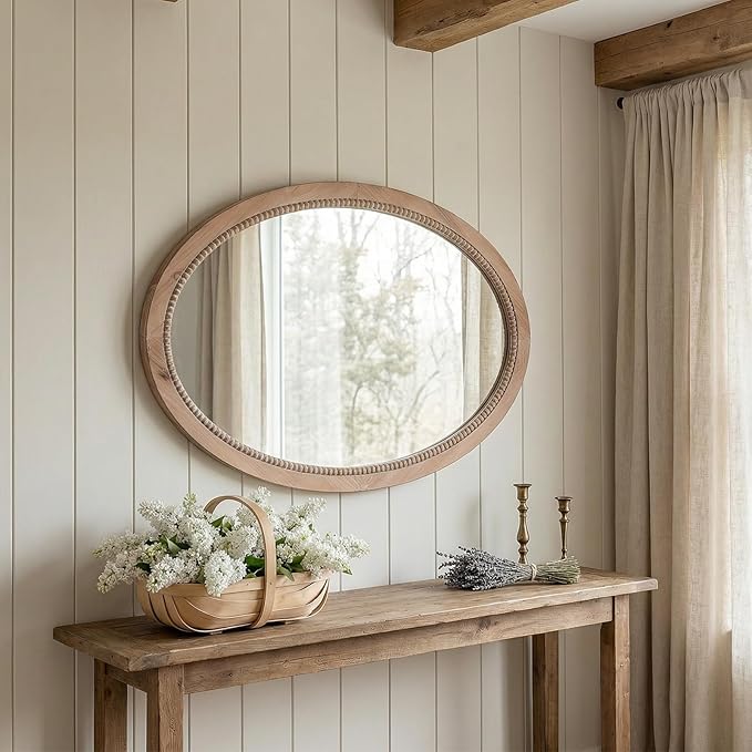 sawsile Oval Wood Mirror,20x30 inch Rustic Farmhouse Natural Wooden Frame Boho Beads Wall Mirror for Bathroom,Living Room,Bedroom or Entryway