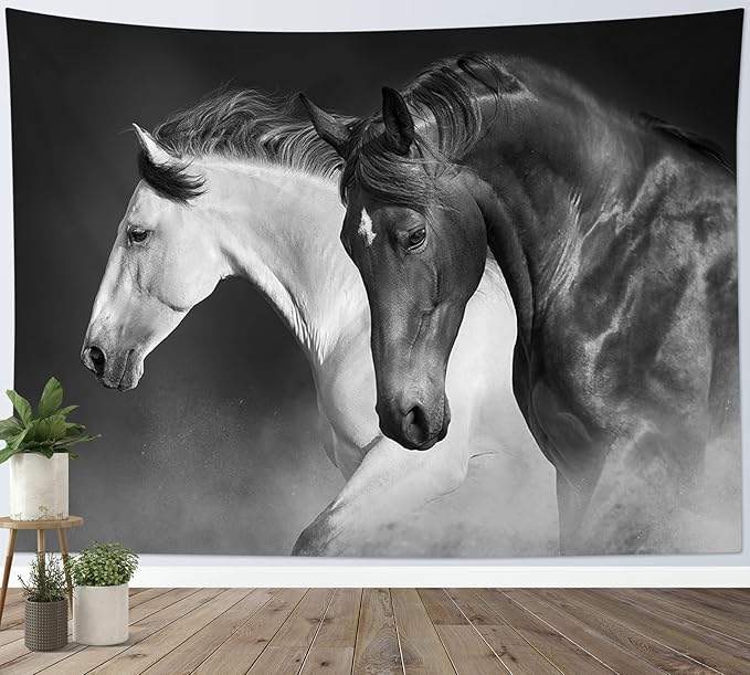 LB Black and White Horse Tapestry for Bedroom Galloping Horses Wall Tapestry Wild Animal Vintage Tapestries Hanging Wall Decor for Living Room Dorm, 59x51 inch