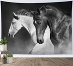 LB Black and White Horse Tapestry for Bedroom Galloping Horses Wall Tapestry Wild Animal Vintage Tapestries Hanging Wall Decor for Living Room Dorm, 60x40 inches