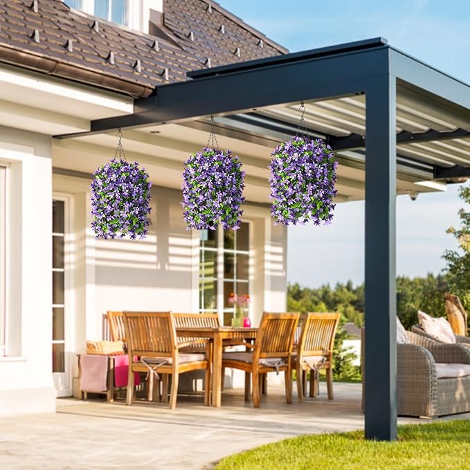 INQCMY Artificial Hanging Flowers in Basket for Outdoor Spring Summer Decoration,4pcs Faux Silk Violet in Planter UV Resistant for Outside Home Patio Garden Porch Deck Decor(Purple Orchid)
