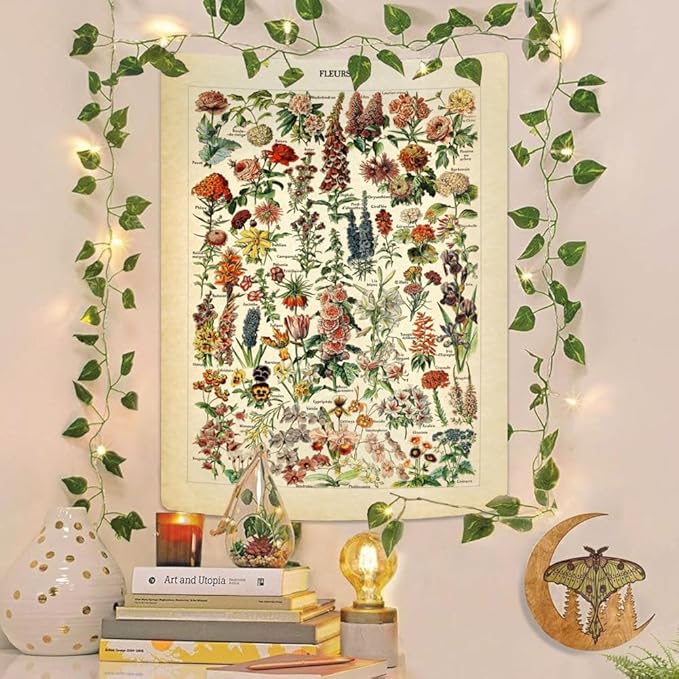 Vintage Flowers Tapestry 48”x36”, Long Vertical Wall Hanging Reference Illustrative Botanical Tapestries for Bedroom Aesthetic Floral Tapistry Botanical Plants Tapestry Wall Hanging Cute Bedroom Decor