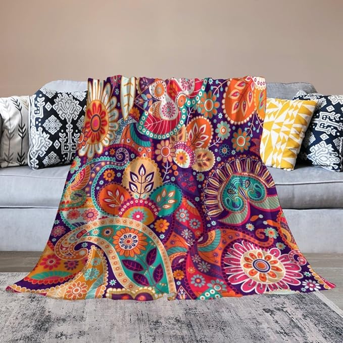 Boho Paisley Floral Throw Blanket Mandala Indian Bohemian Colorful Flowers Blanket for Sofa Bed Couch Chair Or Dorm 60"x80"