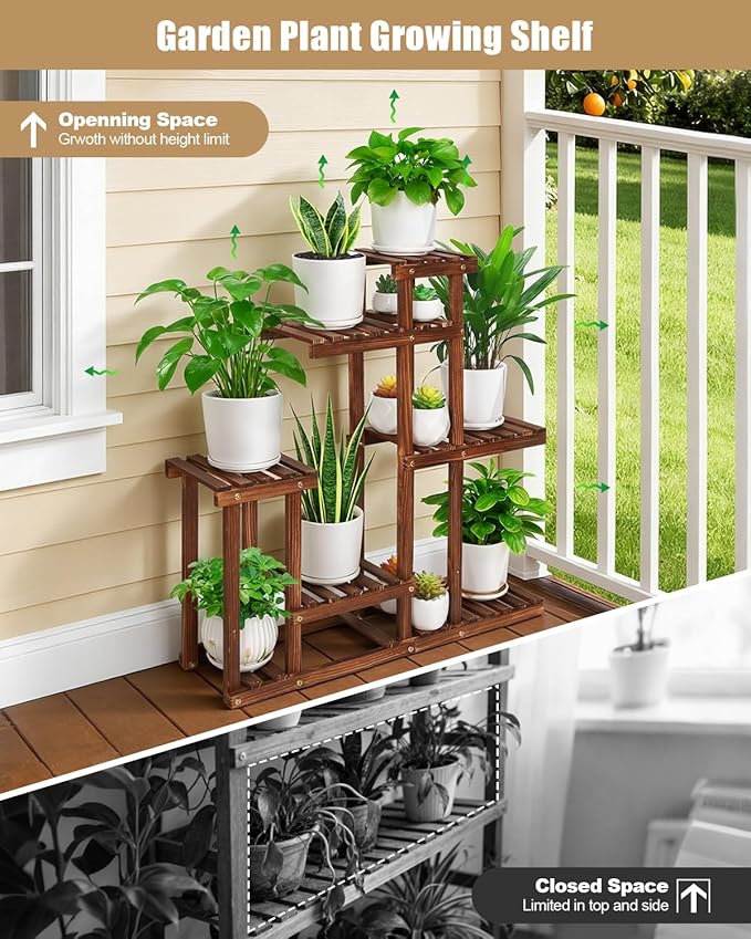 Carbonized Wood Plant Stand, 6-Tier Indoor Tiered Plant Shelves, Space-Saving Narrow Wood Plant Rack for Multiple Plants, Sturdy Flower Stand for Living Room/Balcony/Garden/Outdoor, Easy Assembly