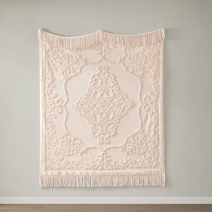 Madison Park 100% Cotton Tufted Chenille Design With Fringe Tassel Luxury Elegant Chic Lightweight, Breathable Cover, Luxe Cottage Room Décor Summer Blanket, 50" x 60", Blush