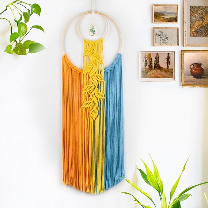 LB Boho Colorful Crystal Macrame Wall Hanging Boho Dream Catcher Yellow Hand Woven Leaf Tapestry Art Modern Aesthetic Tassel Wall Decor for Home, Bedroom, Living Room