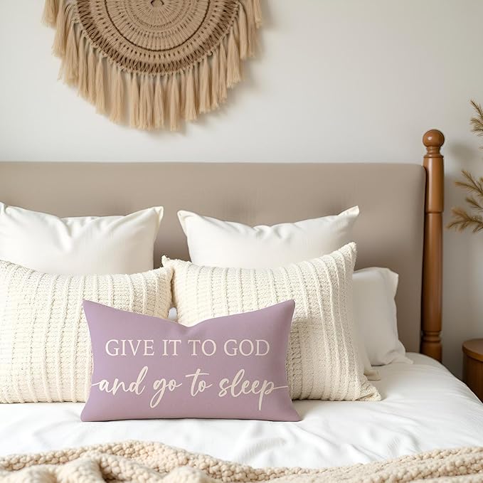 Dusty Lavender Purple Pillow Covers 12x20 Inch Set of 2 – Christian Gifts for Women – Give It to God and Go to Sleep/Relax God’s Got This – Decorative Lumbar Case for Girls’ Room