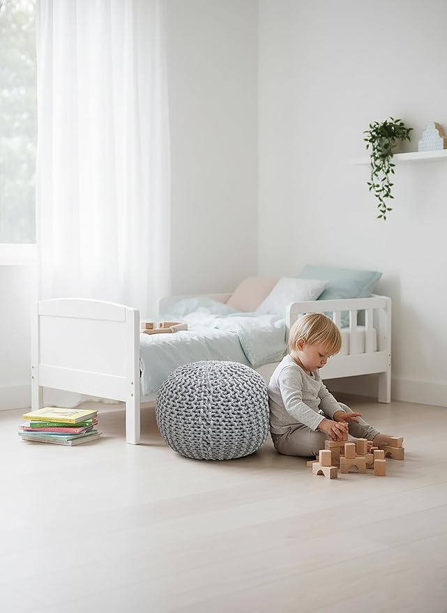 Palisa Round Ottoman Pouf Handmade Cotton Knitted Poof Bean Bag Filling | Boho Pouffe for Living Room & Bedroom | Foot Rest Poufs for Office Home Decor (Grey, 20" D x 20" W x 14" H)