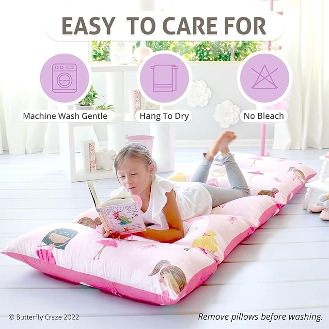Butterfly Craze Floor Pillow Case - Lounger Support & Guest Bed Setup - Machine Washable Cover for Studio Apartment Essentials - Adjustable Floor Seating for Kids & Adults - Queen, Pink Ballerina