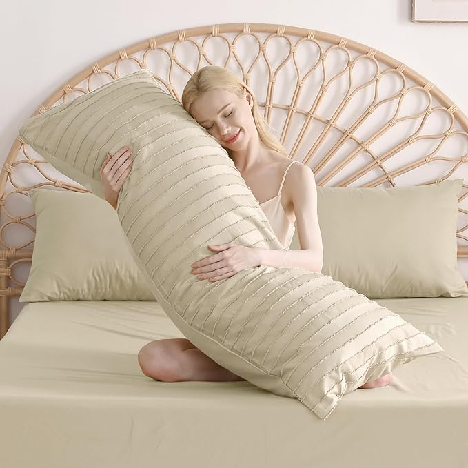 JELLYMONI Pillowcases Body Size Light Sand 1 Pack Boho Striped Bed Pillow Covers 20x54in Polyester Envelope Pillow Shams Tufted Bohemian Textured (Pillows are not Included)