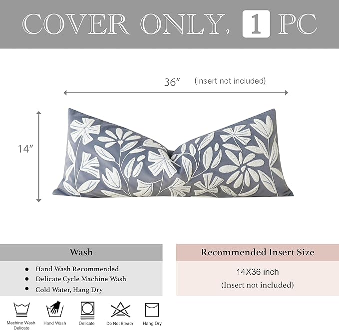 BlissBlush 14x36 Lumbar Pillow Cover for Bed, Grayish Blue Rectangular Long Throw Pillowcase, Embroidered Velvet Floral Tufted Farmhouse Accent Cushion (Cover Only)