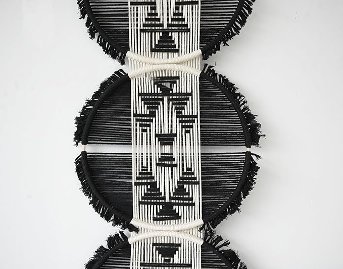 Flber Macrame Wall Hanging black and white Boho Wall Decor Art Living room wall art Round Handmade Geometric Lines Home Décor 11.8W x 65L